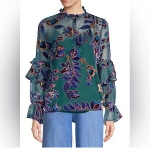 PatBO women’s burnt velvet floral blouse ruffle sleeve neck button up Top XS